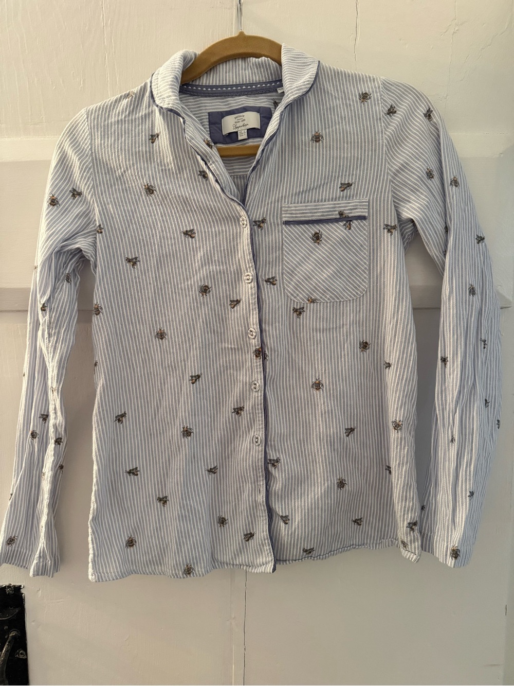 Fat Face Light Blue & White Striped Women’s Pajama Top with Bee Embroidery